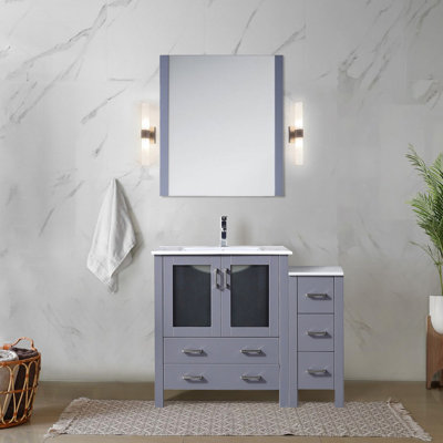 Gris foncé, 42 po W, meuble-lavabo simple, armoire latérale, comptoir en céramique, structure en bois massif, fermeture en douceur, mouvement de tiroir, cinq tiroirs intérieurs, avantage de rangement, teinture, comptoir de meuble-lavabo, pré