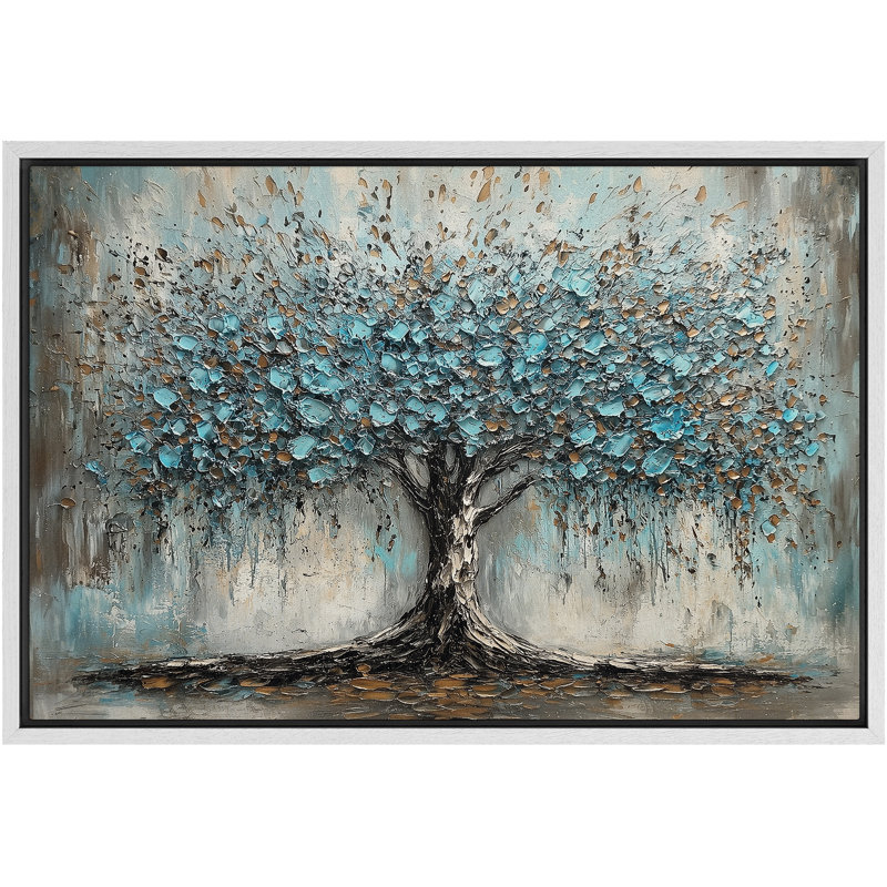"Abstract Forest Blue Tree Serene Modern Rustic", reproduction d'art sur toile encadrée, Cadre blanc, H 16 po x l 24 po