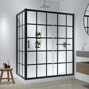 Cabine de douche rectangulaire coulissante encadrée l 60 po x P 34 po x H 72 po avec barre à serviettes et panneau fixe Cyrus
