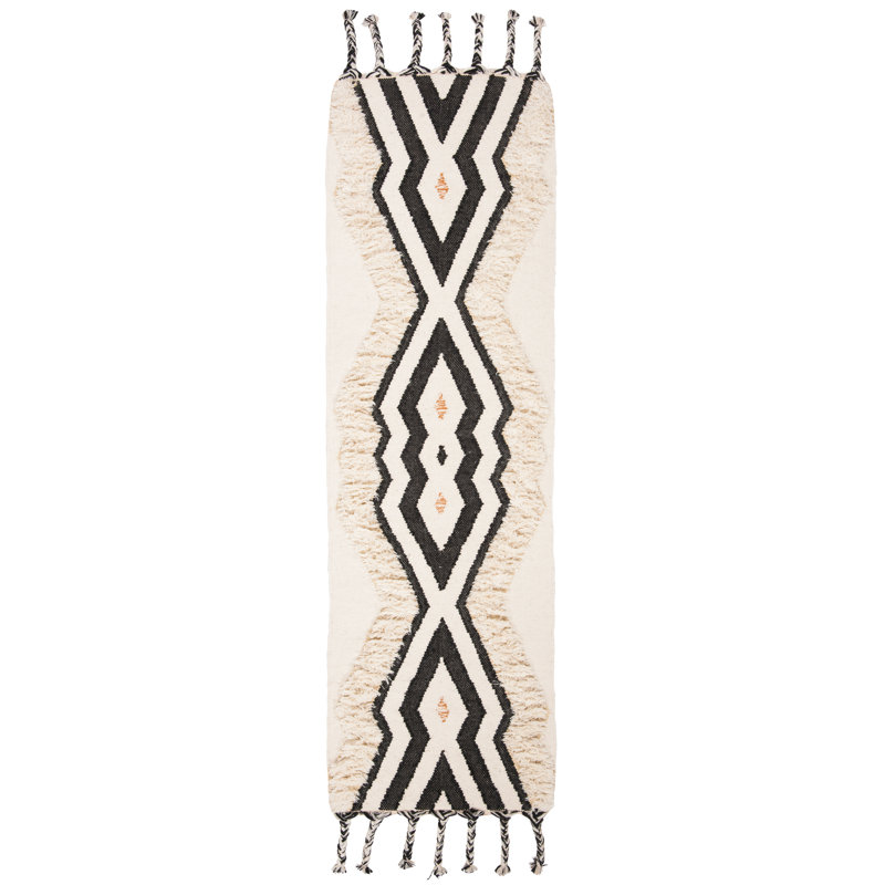 Ossineke Hand Knotted Wool/Cotton Southwestern Rug in Ivory/Black/Blue, Runner 2'3" x 8'