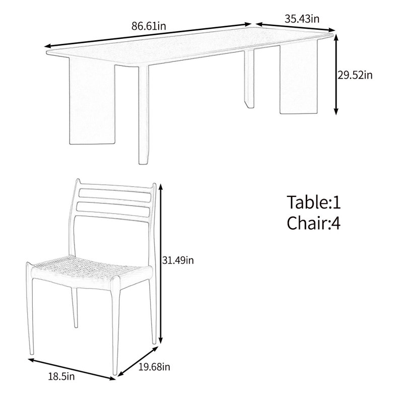 Ensemble de table en bois massif carbonisé, H 29,52 po x L 86,61 po x l 35,43 po