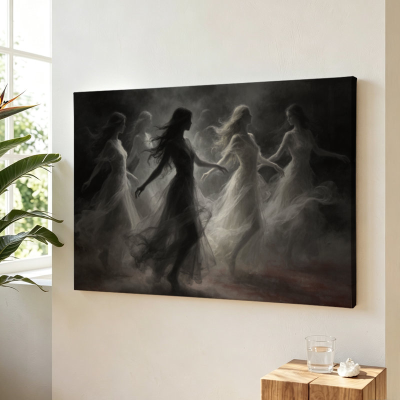 Fantômes dansant en robes fluides, peinture numérique surréaliste sur toile, décoration murale gothique pour salon ou chambre, 40 x 60 cm (16 x 24 pouces).