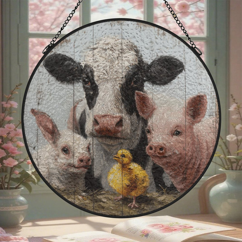 Panneau en vitrail représentant une vache, un cochon et un poussin (1), attrape-soleil pour la décoration de fenêtre