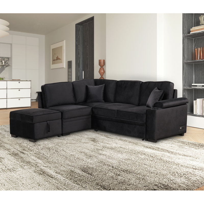 Shanet 87.4'' Velvet Sleeper Sofa, Black Velvet