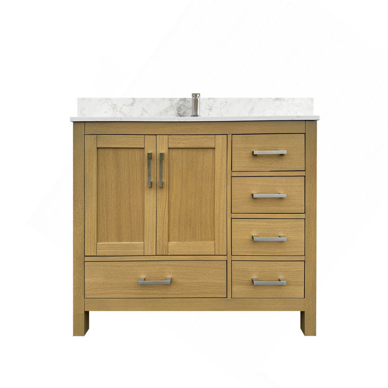 Meuble-lavabo 42 po avec lavabo et trou pour robinet, meuble-lavabo avec 2 portes et 5 tiroirs en chêne