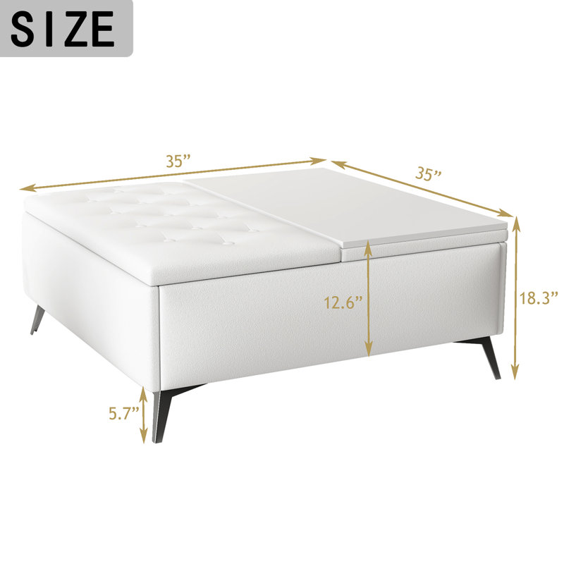 Table basse de 35 pouces avec bancs de rangement carrés et beige, Plateau blanc / base argent