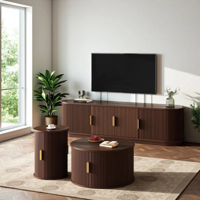 Ensemble de meuble télé et table basse de 3, ensemble de table de salon, table de bout cannelée et table basse et meuble télé 66 po avec portes coulissantes