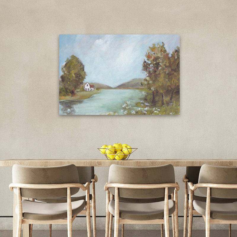 The Pond - Contemporary Lakeside House Calm Water Reflections Art, H 24 po x l 36 po