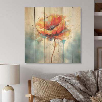 Vibrant Dancing Red Poppy - Art sur bois de coquelicot sur bois de pin naturel