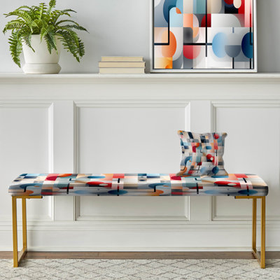 Multicolor Matrix Grid - Geometric Upholstered Gold Bench