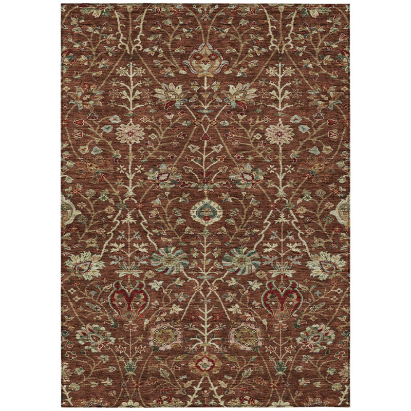 Tapis d'intérieur brun 10 pi x 14 pi à motif floral lavable brun et rouge
