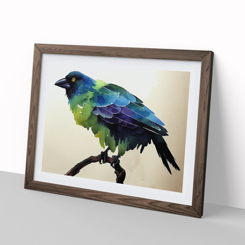 Crow Bird Watercolour - Framed Print, 46cm H x 64cm W x 2cm D, Walnut