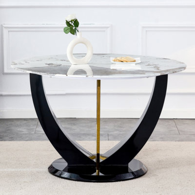 Plateau de table circulaire moderne en verre minimaliste d'un diamètre de 48 pouces, jumelé avec des pieds en panneau de fibres à densité moyenne noir. Convient aux restaurants et aux salons.