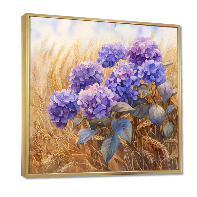 Hortensias dans le champ de blé - art mural hortensias, Impression encadrée flottante, H 16 po x l 16 po, Doré