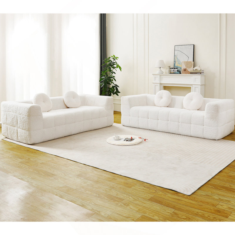 Canapé moderne sans os avec deux coussins décoratifs circulaires, tissu en polyester à poils longs texturé litchi doux pour la peau, canapé en mousse à carreaux