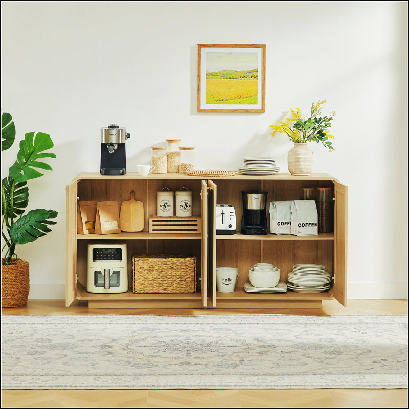 Buffet en rotin avec 4 portes, base robuste intégrée, parfait pour le salon, la cuisine et la salle à manger, Natural