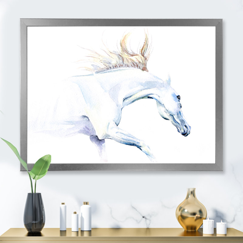 Cheval blanc - peinture sur toile, H 34 po x l 44 po, Cadre photo argenté