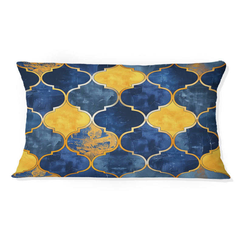 Coussin lombaire moderne bleu-jaune à motif quadrilobe II