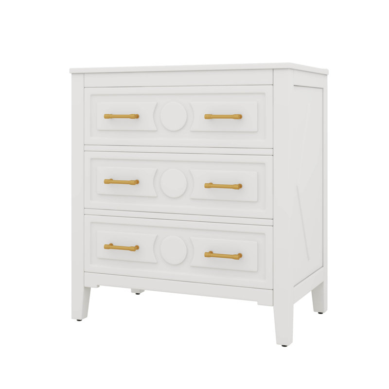 Armoire de rangement 30 po en bois massif, unité autoportante avec 3 tiroirs utilitaires, Blanc, Doré