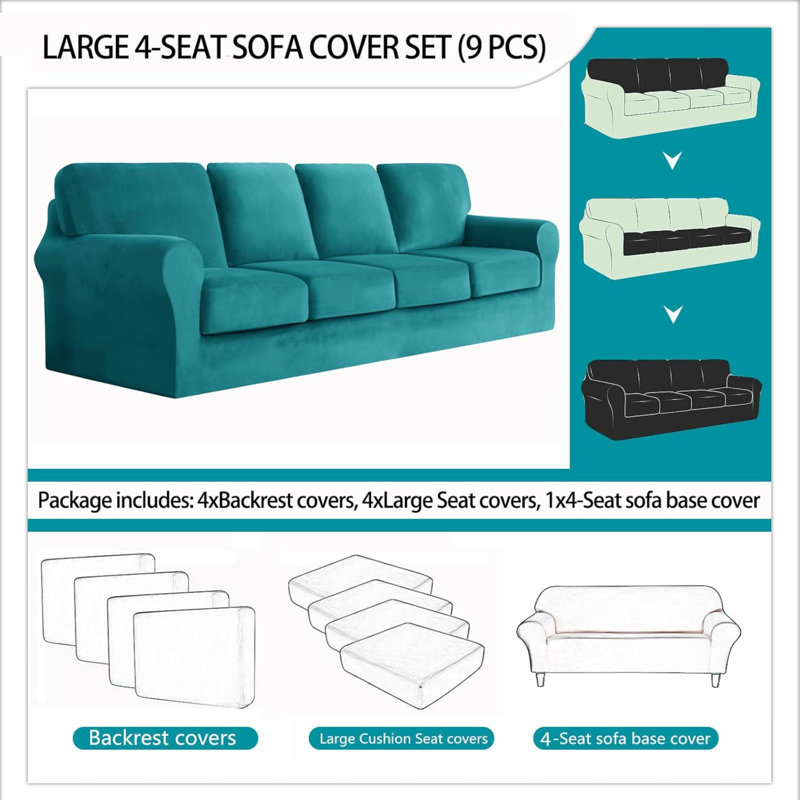 Sofa Cover With Separate Seat Cushions And Backrests Stretch Velvet Sofa Slipcover Couch Covers Furniture Protector Split Combined (Large 4 Seat Set 9 PCS)