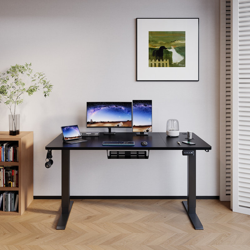 Electric T-Shape Height Adjustable Standing Desk, Black, 140cm W x 60cm D