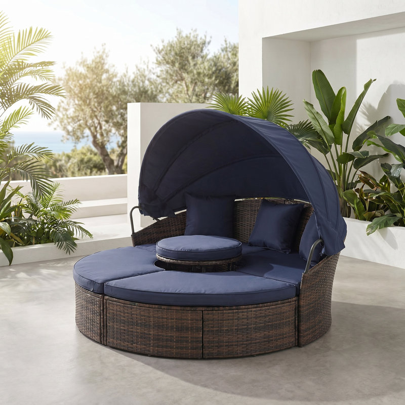 All-Weather Rattan Round Lounge Canopy Bed with Retractable Canopy & Lift Coffee Table – Navy Blue, Navy Blue