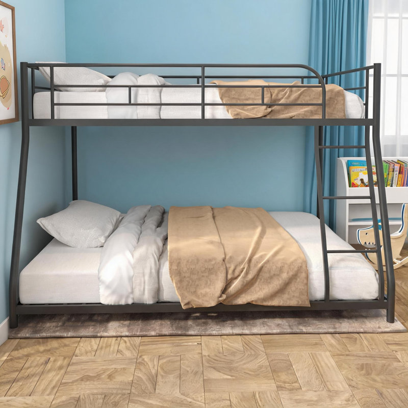 Space-Saving Twin Over Full Platform Bunk Bed, Classic Black Heavy-Duty Steel Construction for Bedroom
