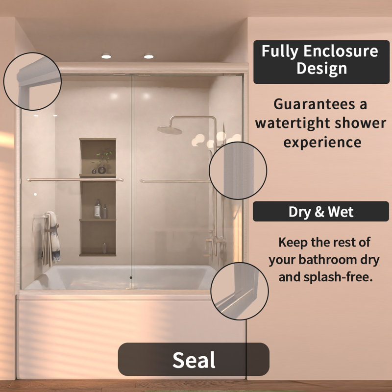 Porte de baignoire coulissante semi-sans cadre l 60 po x H 56 po au fini nickel brossé avec verre transparent, Nickel