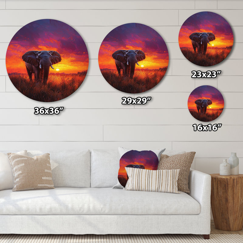 «Elephant In The Sunset Glow», décoration murale ronde en métal, impression d'art moderne en métal jaune, H 29 po x l 29 po