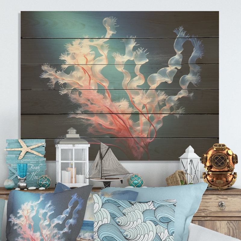 Living Branching Coral Scenery - Coastal Coral Under Water Wood Wall Art On Natural Pine Wood, 10" H x 20" W