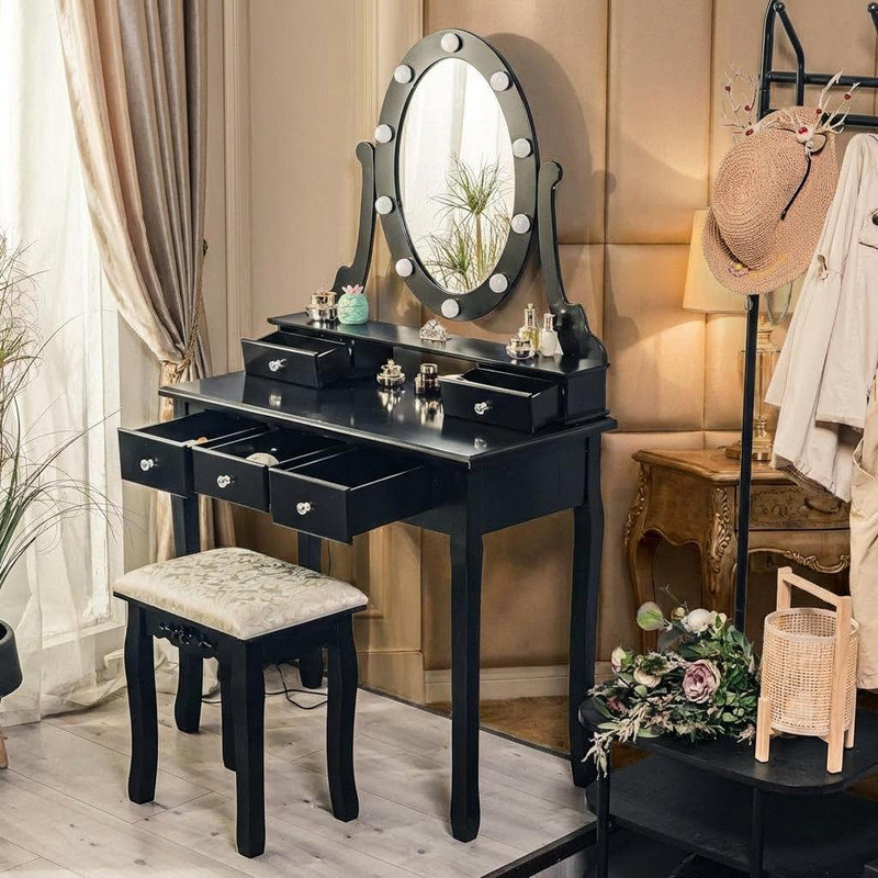 Modern Makeup Vanity, Vanity Set with Lighted Mirror and Cushioned Stool, Make Up Table with 5 Drawers for Women, Dressing Table for Bedroom, Bathroom