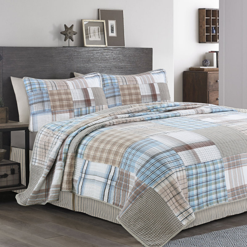 Blue and Brown Cotton Patchwork Queen Reversible Quilt Set