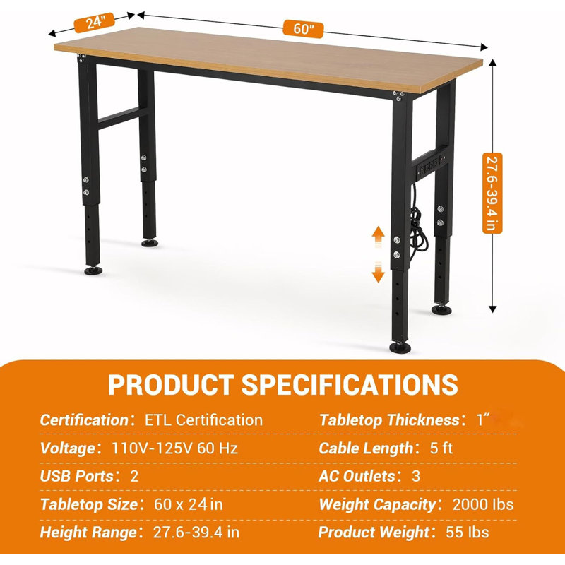 48-72" Adjustable Workbench with Power Outlet, 2000 LBS Capacity Work Table for Garage & Workshop, 27.6" H x 60" W x 24" D