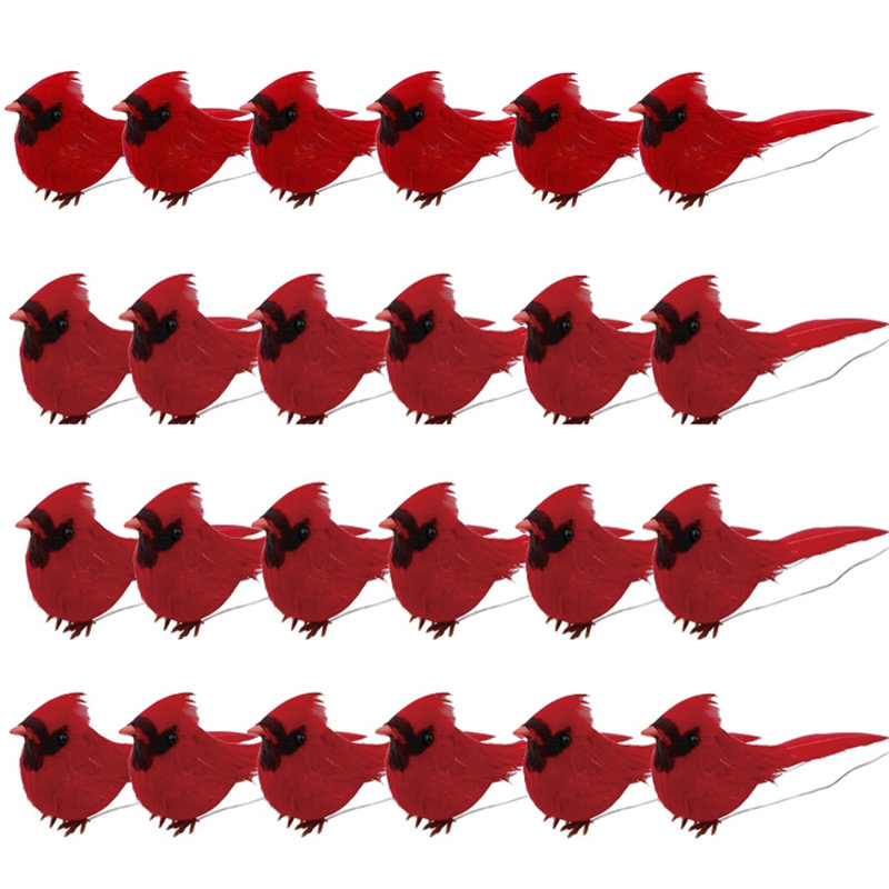 Paquet de 24 ornements cardinaux à pince rouge à motif de sapins de Noël décoratifs avec plumes pour artisanat couronne