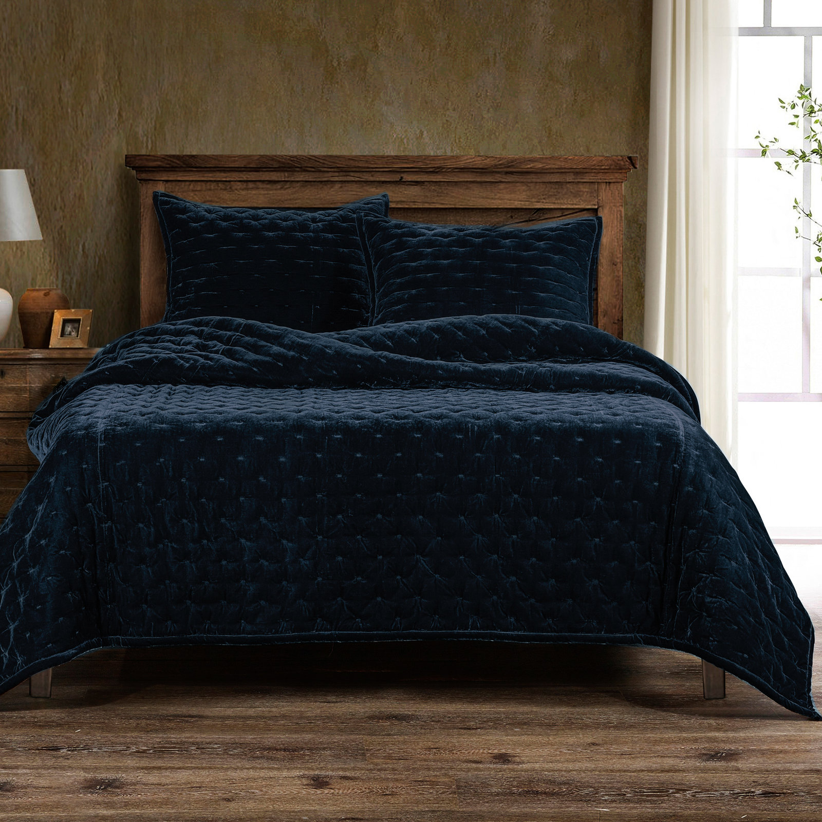 Stella Velvet Quilt Set, King Quilt + 2 King Shams, Midnight Blue