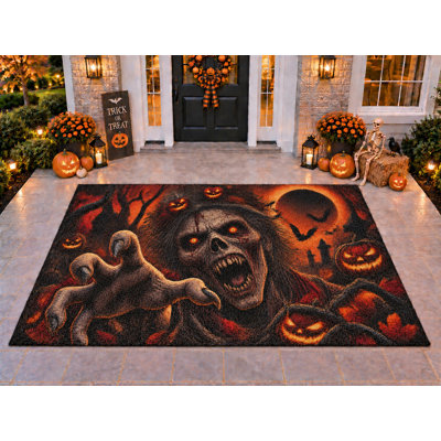 Tapis d'extérieur 5' x 7' Lune Zombie de l'Halloween, moquette bouclée en PVC solide et imperméable, tapis de patio robuste, tapis intérieur/extérieur à séchage rapide pour porche, terrasse, balcon, entrée.