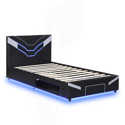 Twin Size Upholstered Gaming Bed Frame with LED Lights, Platform Bed with Storage Shelf And 2 Steel Drawers