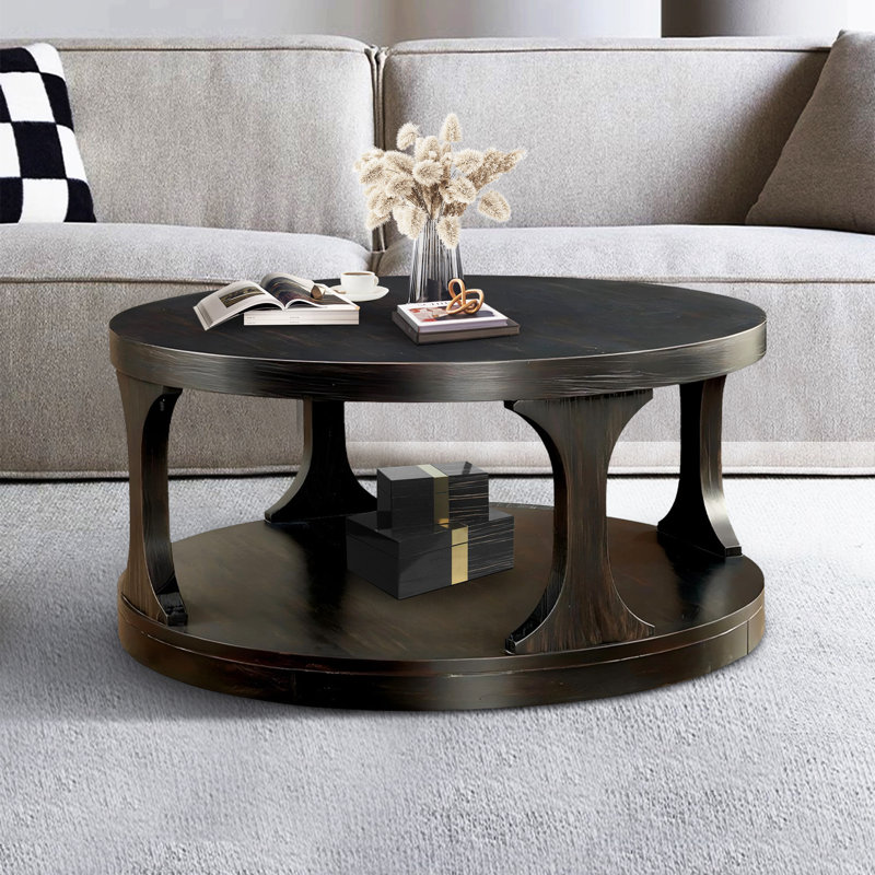 Table basse ronde en bois massif antique noir avec rangement