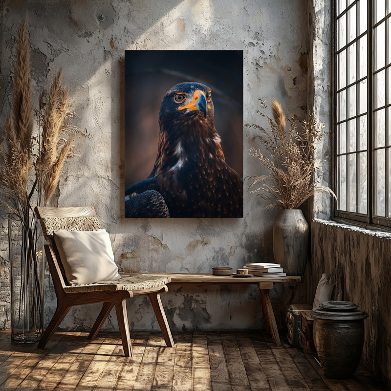 Toile, Aigle majestueux avec un regard vif et saisissant mettant en vedette un art mural riche, un plumage foncé accentué par des taches plus légères