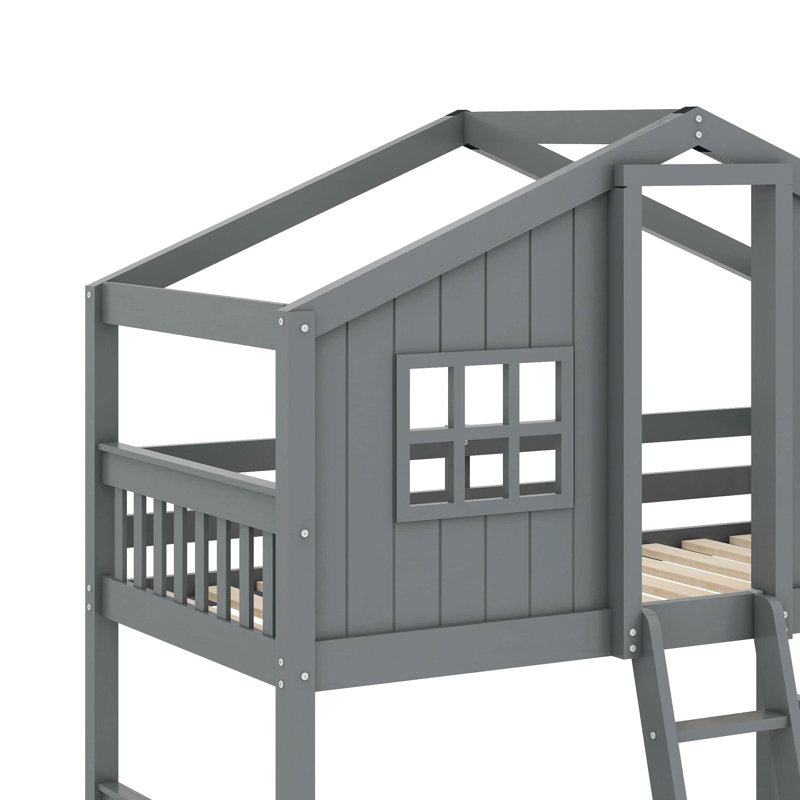 Twin Over Twin House Bunk Bed With Ladder, Gray