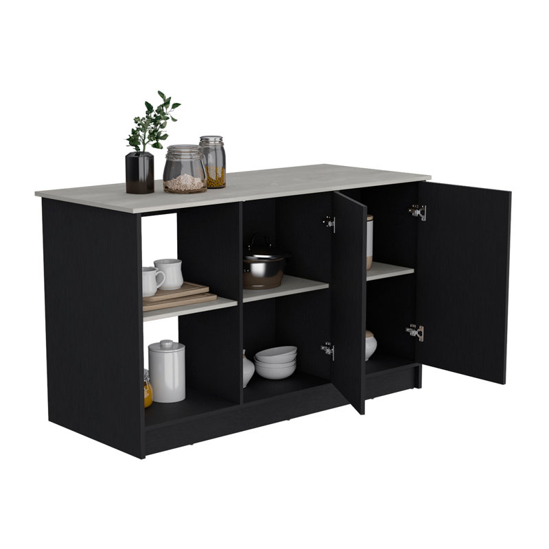Kitchen Island with Large Top Surface, Double Door Cabinet, and Open Shelves Black / Ibiza Marble