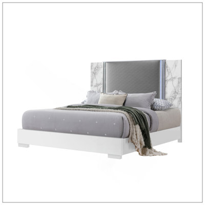 Élégant grand lit en marbre blanc avec éclairage DEL, durable et facile à assembler