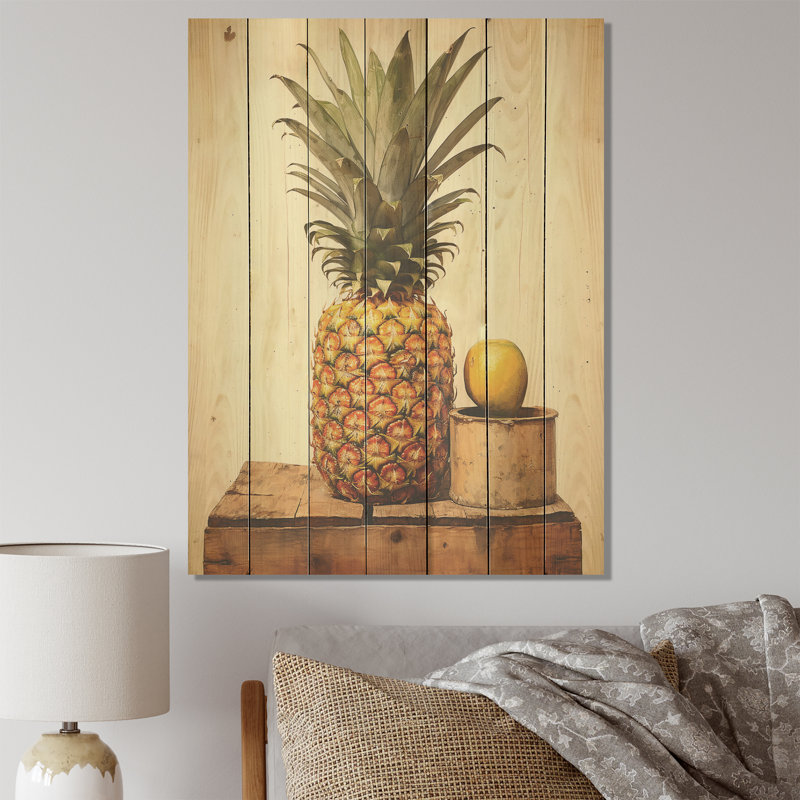 Délice d'ananas vert et jaune - Ananas sur bois, H 20 po x l 10 po