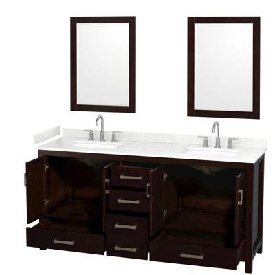 Meuble-lavabo double 72 po Sheffield en espresso, comptoir en marbre de culture de Carrare, lavabos carrés encastrés (3 trous), garniture en chrome brossé, miroirs de 24 po