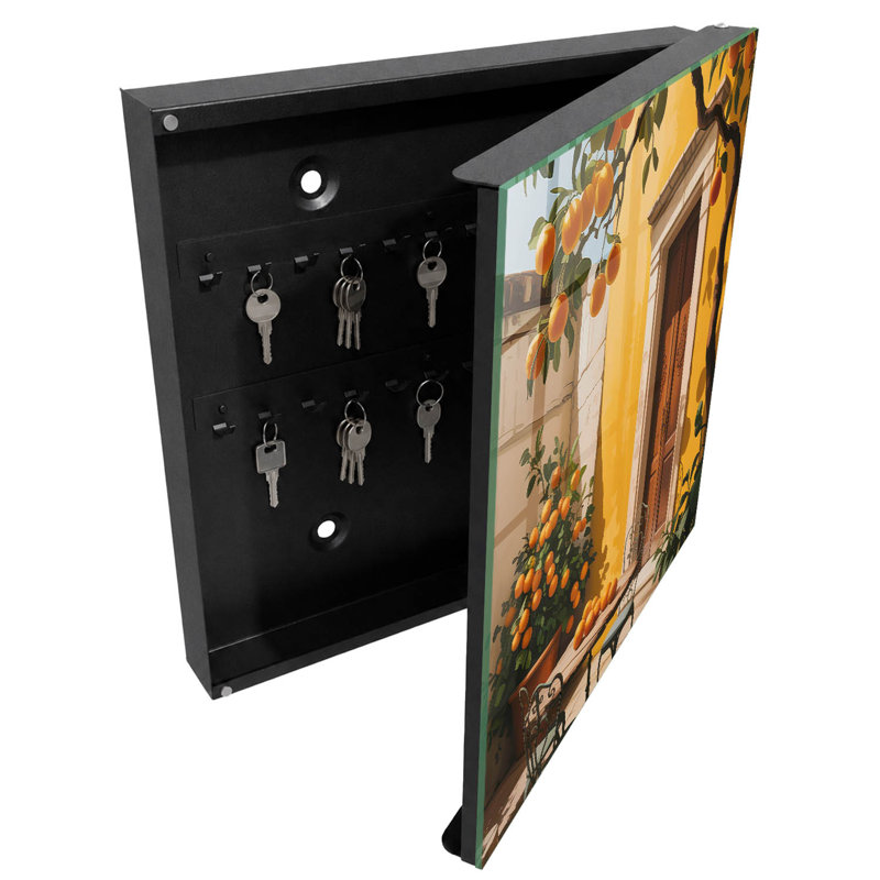 Key storage cabinet, Opens to the right, 30x30x5, Black, Sunny patio with orange trees and metal chairs, 