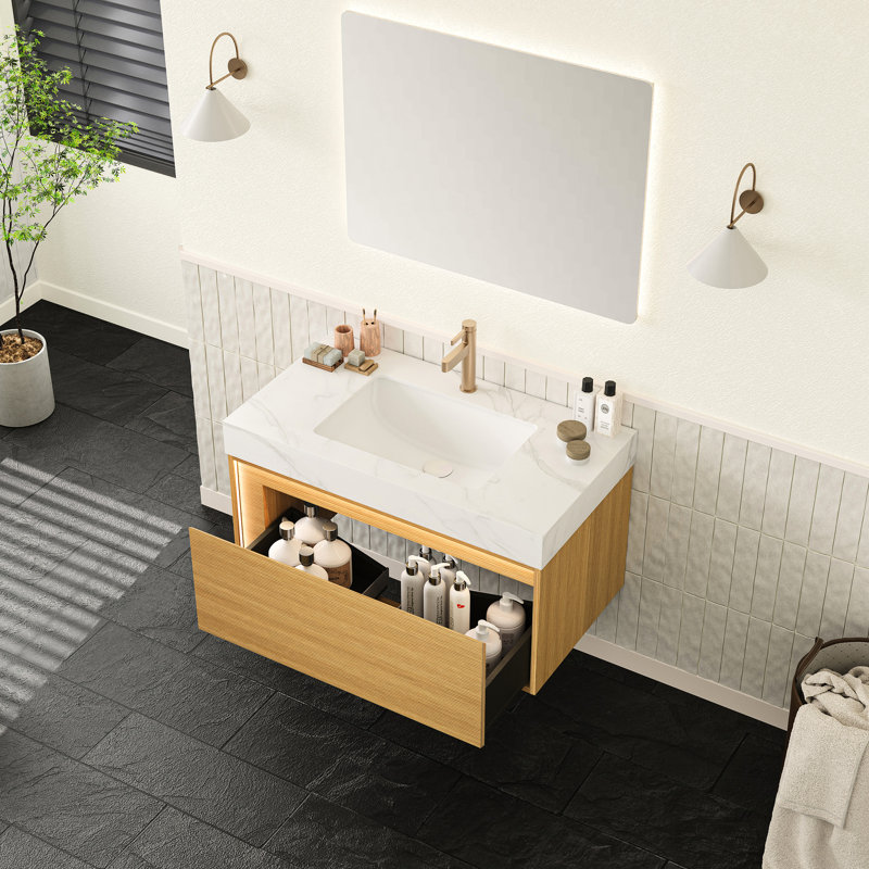 Meuble-lavabo de 36 po avec plateau en pierre frittée blanche, unité de contreplaqué flottant avec grille ultra-mince, capteur à détection de mouvement à tiroir, comptoir de meuble-lavabo pré-assemblé, lavabo sous-comptoir en céramique, grille
