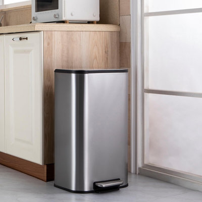 Stainless Steel Garbage Can With Lid, Step-On Pedal And Inner Bucket, Rectangular Trash Can For Kitchen