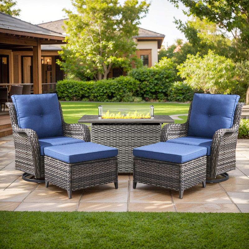 Wendye 5-Piece Outdoor Furniture Set, 2 Swivel Glider Chairs, 2 Ottomans & 55K BTU Fire Pit Table, Gray, Blue