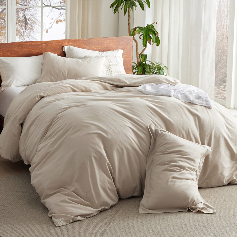 Bedsure 100% Washed Cotton Duvet Cover Set, Oversized King Duvet Cover + 2 Shams(20"*36"), Oatmeal