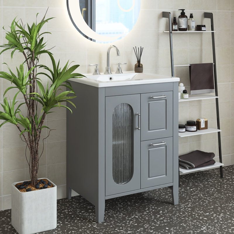 Jermia 24 " W Free Standing Wall Mounted 1 Single Vanity Bathroom Vanity With Ceramic Top, Gray
